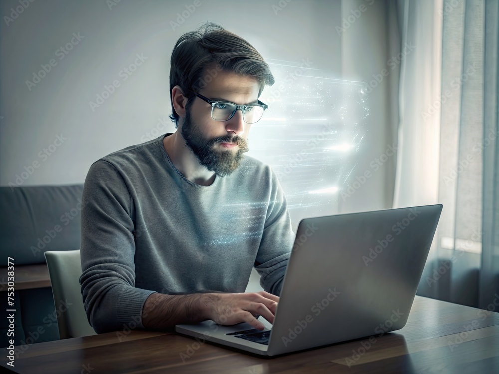 programmer working with laptop clear face generative ai programmer working with laptop clear face generative ai