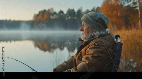 Senior individual quietly fishing at dawn, reflecting peaceful and contemplative hobbies in older age