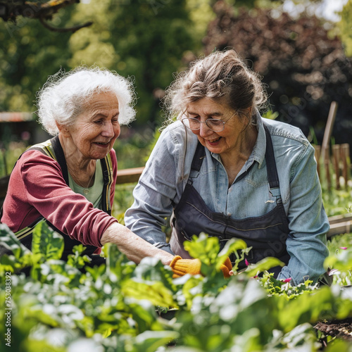 Senior woman with a caregiver in a garden, showcasing the therapeutic aspects of nature in elderly care photo