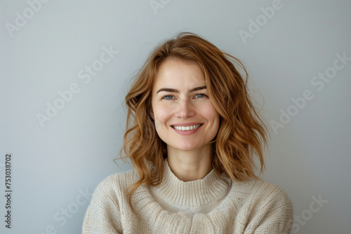 Happy woman in sweater standing confidently with hands on hips against gray background