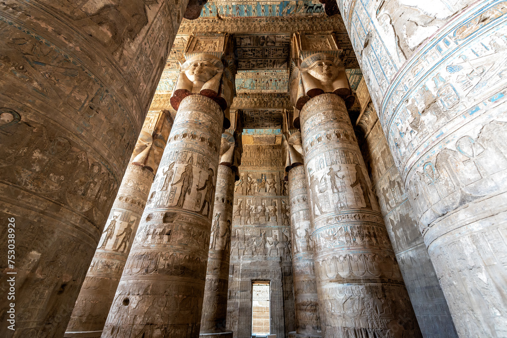 Beautiful ornate columns in the Temple of Hathor in Dendera, Egypt