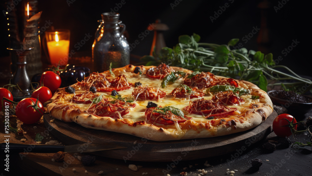 Delicious Italian pizza. Traditional homemade pizza. Mediterranean style Delicious Italian pizza. Traditional homemade pizza. Mediterranean style
