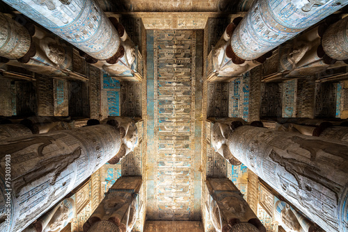 Looking up at the ornately decorated columns and ceiling of the Temple of Hathor in Dendera, Egypt photo