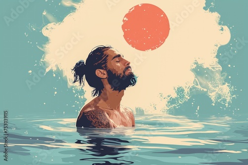 A bearded, spiritual man bathes in invigorating cold water against the backdrop of the sun. Ice bathing concept, cold therapy, winter bathing