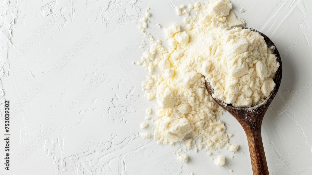 Whey protein powder in a wooden measurement spoon on a white texture surface, an essential supplement for fitness enthusiasts and athletes, banner, with copy space Whey protein powder in a wooden measurement spoon on a white texture surface, an essential supplement for fitness enthusiasts and athletes, banner, with copy space