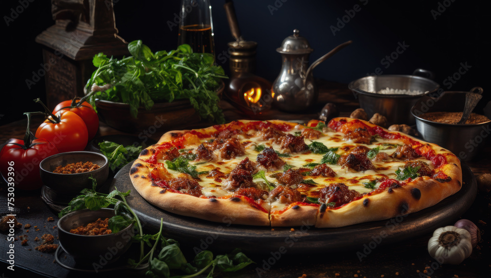 Delicious Italian pizza. Traditional homemade pizza. Mediterranean style Delicious Italian pizza. Traditional homemade pizza. Mediterranean style