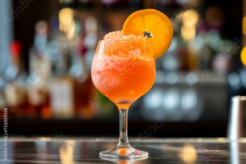 Frozen Aperol Spritz cocktail with an orange slice served in a stemmed glass against a bar backdrop