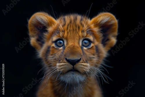 close-up of a young tiger cub looking directly at the camera, showcasing its vibrant blue eyes and detailed fur.