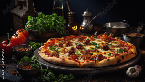 Delicious Italian pizza. Traditional homemade pizza. Mediterranean style