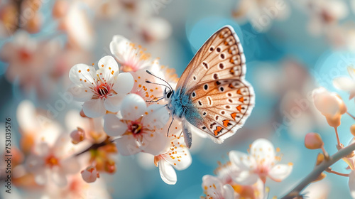 Pink flower of an Oriental cherry and butterfly;