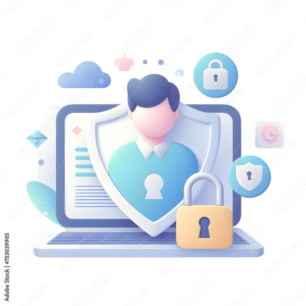 A 3d flat icon of a person with a shield and a lock and the text 'Digital Identity Solutions Ensuring Online Security' in a minimal cute style and pastel tone on a white background A 3d flat icon of a person with a shield and a lock and the text 'Digital Identity Solutions Ensuring Online Security' in a minimal cute style and pastel tone on a white background