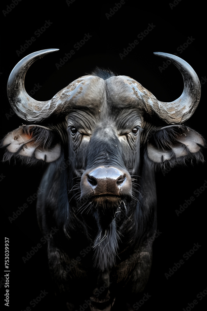 African buffalo, front view portrait on black background African buffalo, front view portrait on black background