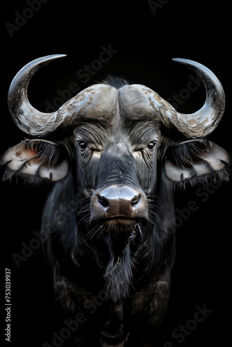 African buffalo, front view portrait on black background