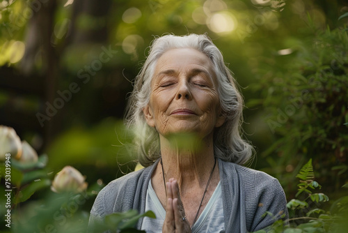 Photo of a senior woman meditating in a peaceful garden, with a close-up on her serene face and the natural surroundings, representing mental and physical harmony