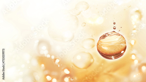 Golden oil serum showing skin care hydration liquid gold background with shiny elixir droplets of skin oil. Skin care ingredient like vitamin, betakarotene, retinol