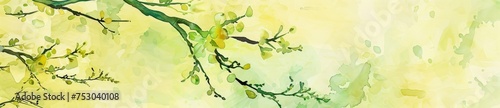 Elegant tree branch with vibrant, newly sprouted green leaves against a soft, yellow-tinted backdrop. Ideal for a romantic spring-themed artistic card, banner, or celebration decoration