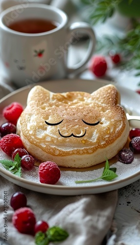 Adorable cat shaped pancake breakfast for kids with berries and honey on white plate, copy space