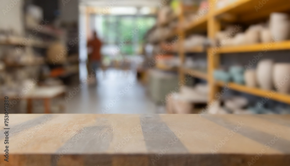 Empty table in ceramic workshop and local commercial interior selling handmade ceramic products, pottery and workshop of small ceramic arts, crafts or creative startup studio. Empty workstation 