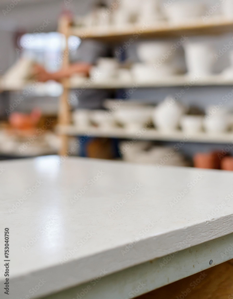 Empty table in ceramic workshop and local interior, pottery and small ceramic arts workshop, crafts or creative startup studio. Empty workstation of an art room for craft, painting or clay molding cla