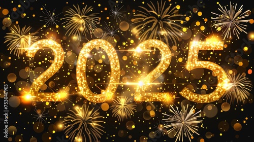 2025 new year holiday greeting card with big golden numbers, fireworks, and golden bokeh lights