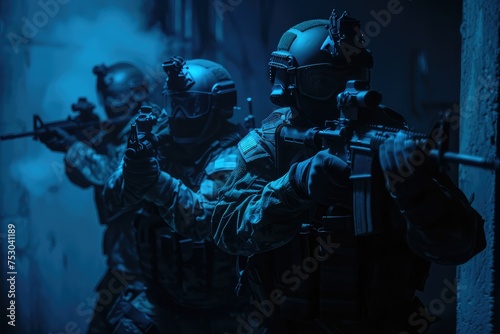 Covert team of operatives in tactical gear with night vision goggles and silenced weapons moving stealthily in tight formation at a high-security facility.