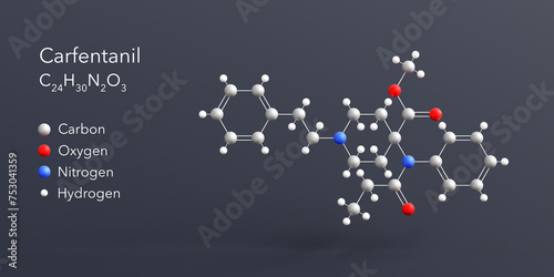 carfentanil molecule 3d rendering, flat molecular structure with chemical formula and atoms color coding