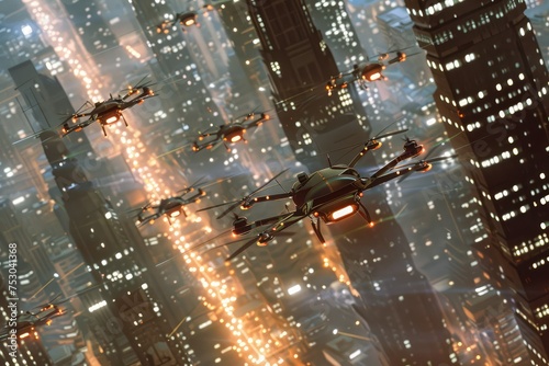 A futuristic urban scene featuring a swarm of agile metallic drones flying in formation over a city skyline at nighttime