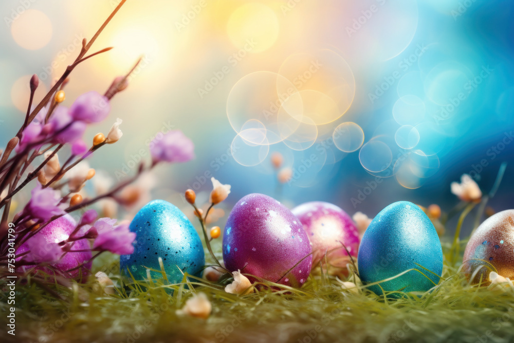 Colorful easter eggs nestled in grass with soft light bokeh Colorful easter eggs nestled in grass with soft light bokeh