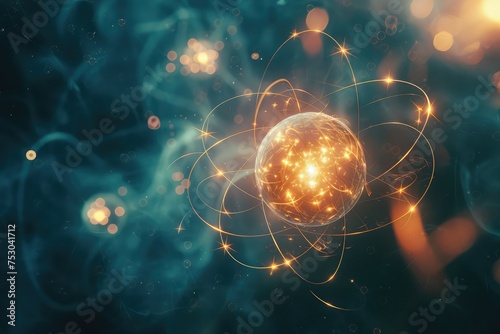 Abstract image of glowing quantum particles and atoms in a nebulous background, creating a futuristic and mysterious microscopic world