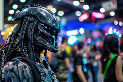 Person in colorful sci-fi costume at crowded convention, eyes wide with excitement. Futuristic props and imaginative displays fill the bustling scene