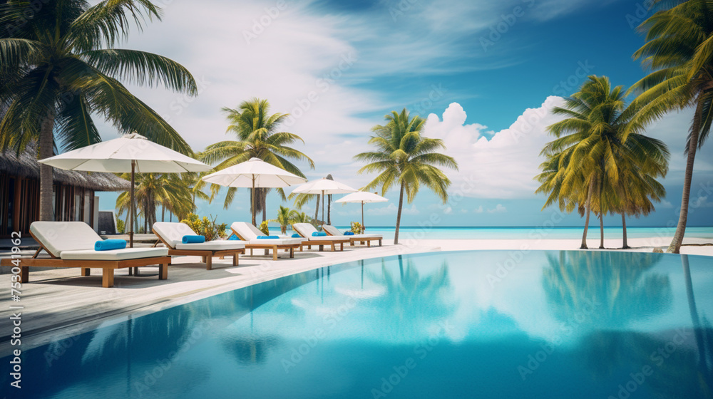 holiday tropical hotel beach sea pool sunny day nobody background ai visual
