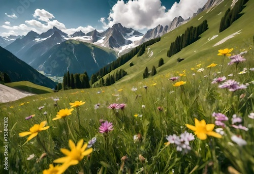alpine meadow with flowers in the mountains  clouds in northen areas  beautiful nature