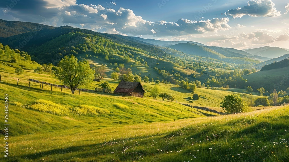 beautiful countryside of romania. sunny afternoon. wonderful springtime landscape in mountains. grassy field and rolling hills. rural scener