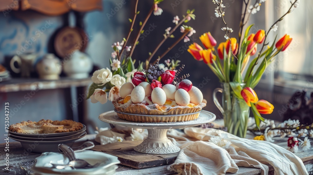 Beautiful table serving with Ester eggs, tulip flowers, willow branches and pie