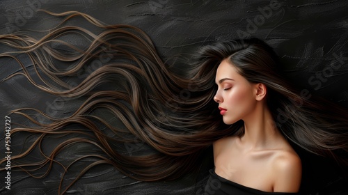 Stylish brunette woman with flowing long hair on dark background hair care and beauty concept
