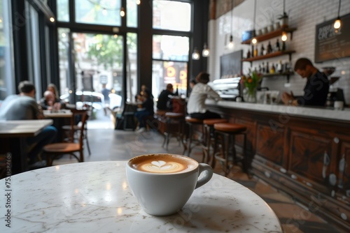 Interior of a bustling cafe with modern decor, wooden floors, and potted plants. Customers savor artisanal coffee at marble tables under pendant lights, socializing and enjoying the trendy atmosphere