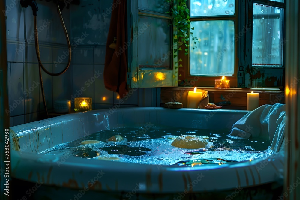 Obraz premium Bathtub in the bathroom, relaxing bath with candles.