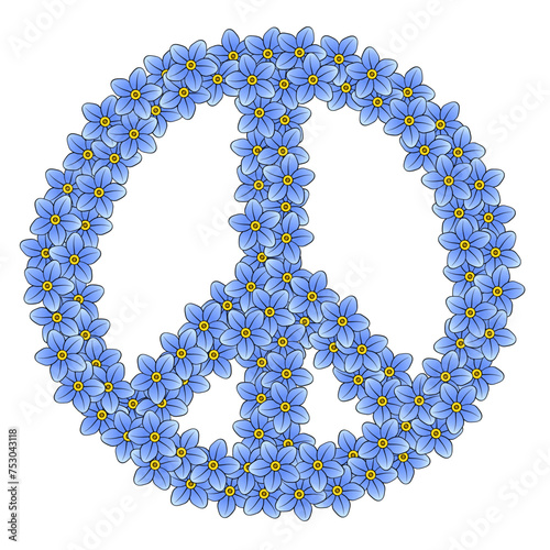 Peace sign made of 111 forget-me-not flowers. Made of 111 randomly arranged blue blossoms, a symbol originally designed for the nuclear disarmament movement, later adopted by the anti-war movement.