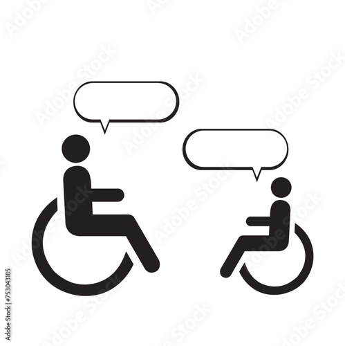 Icono de dos personas sentadas en sillas de ruedas con burbuja de chat. Vector
