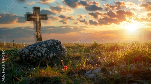 Good Friday concept: Empty tomb stone with cross on meadow sunrise background photo