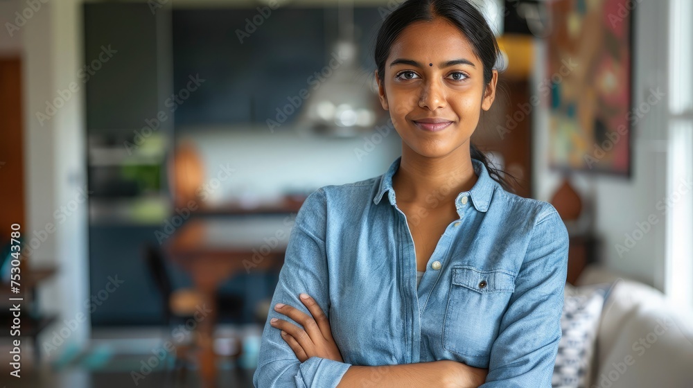 Head shot portrait smart confident smiling millennial indian woman standing with folded arms at home. Head shot portrait smart confident smiling millennial indian woman standing with folded arms at home.