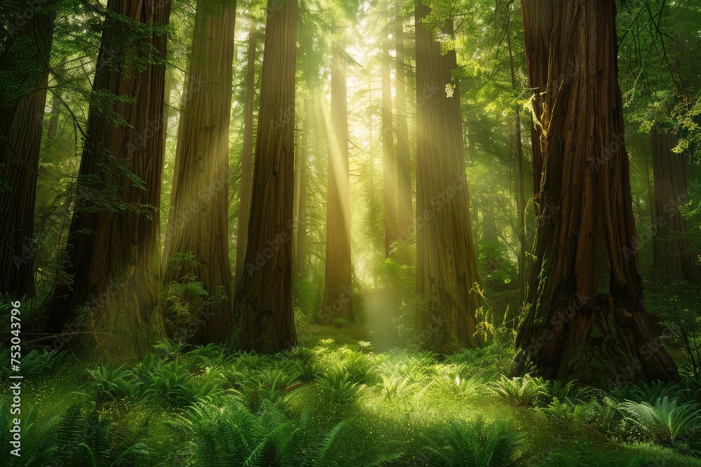 Tranquil redwood forest scene with towering trees, sunlight filtering through canopy, lush greenery, and serene atmosphere