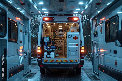 Create an image of a paramedic's ambulance with medical equipment inside