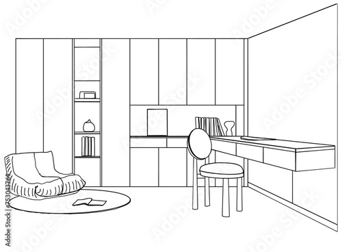 Sketch the room. Office chair, desk, various objects on the table. Sketch workspace