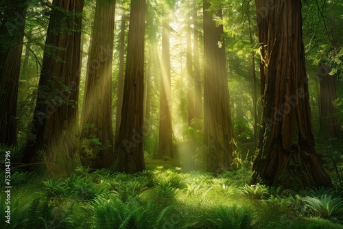 Tranquil redwood forest scene with towering trees, sunlight filtering through canopy, lush greenery, and serene atmosphere