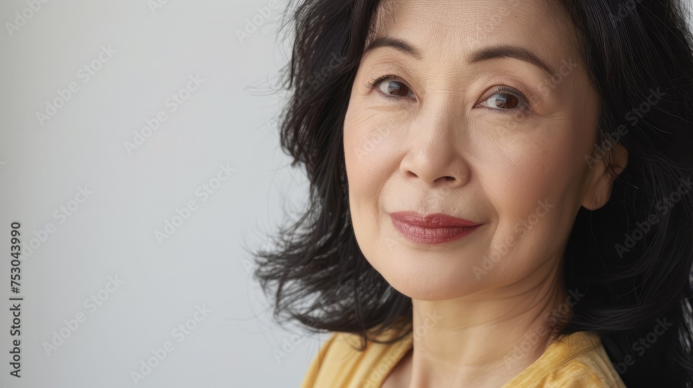 Middle aged happy mature asian woman, senior 55 year lady looking away, isolated on white closeup headshot. Ads of antiaging uv protection whitening menopause dry skincare, plastic surgery. Middle aged happy mature asian woman, senior 55 year lady looking away, isolated on white closeup headshot. Ads of antiaging uv protection whitening menopause dry skincare, plastic surgery.