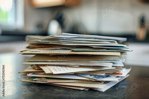 Stack of unopened mail, envelopes, and postcards neatly arranged on a kitchen counter. Hyper-realistic image showcasing daily correspondence and mail sorting in a domestic setting photo