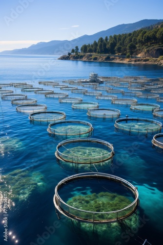 Sustainable fish farming aquaculture tanks deep blue water photo