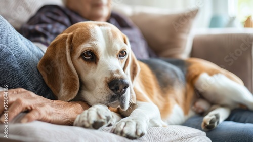 Portrait of gorgeous purebred beagle dog enjoying rubs from his senior owner sitting on couch together at home, focus on foreground, copy space