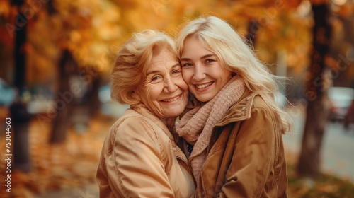 two peas. Portrait view of the happy elderly mother and her blonde gorgeous daughter cuddling at the street with autumn trees at the background © buraratn
